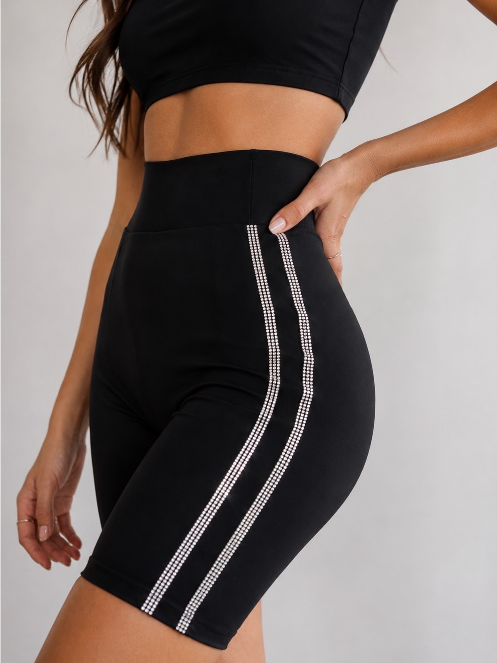 Meshki Black High-Waisted Women's Shorts with Rhinestone Detail